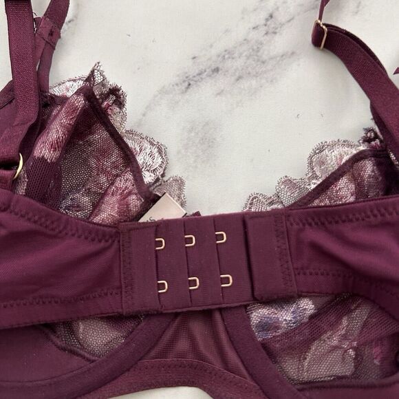 Victorias Secret Unlined Demi Bra Size 36 D Purple Pink Embroidered Lace Sheer - Picture 5 of 8